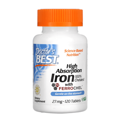 Doctor's Best High Absorption Iron with Ferrochel 27 mg 100% Chelated 120 таблеток 34085 фото